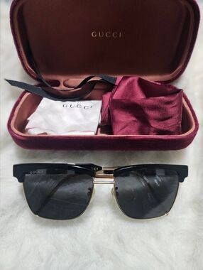 Gucci Black and Gold Clubmaster Sunglasses with Burgundy Case